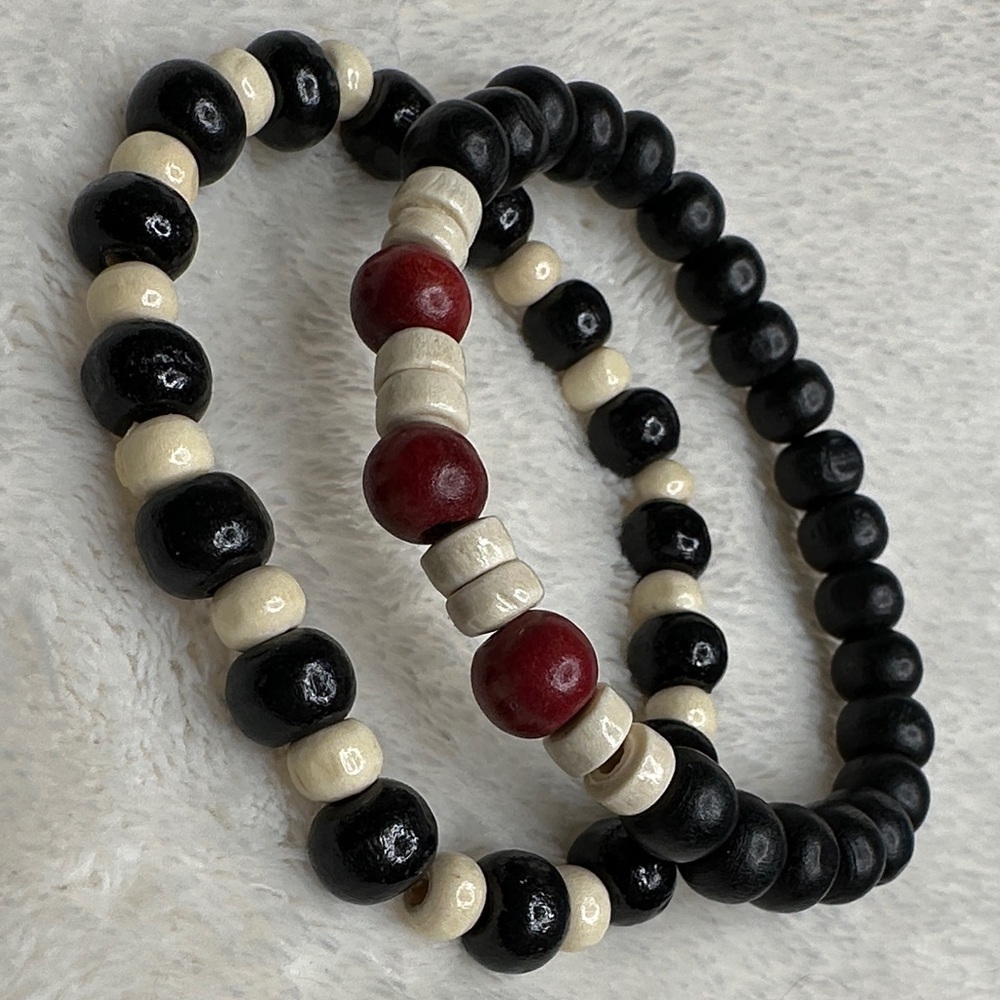 Two Wooden Beaded Bracelets Men's Stylish Black Deep Red & Cream NWOT
